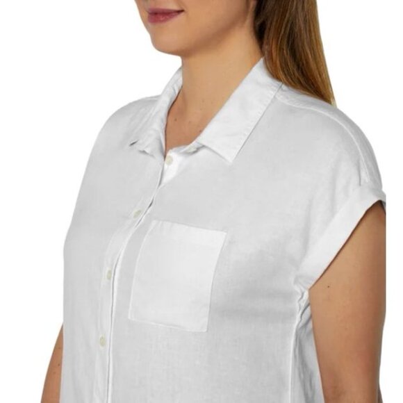 NEW Orvis Short Sleeve Rolled Cuffed Tacked Solid Front Linen Blend Shirt Top 14 - Picture 3 of 4